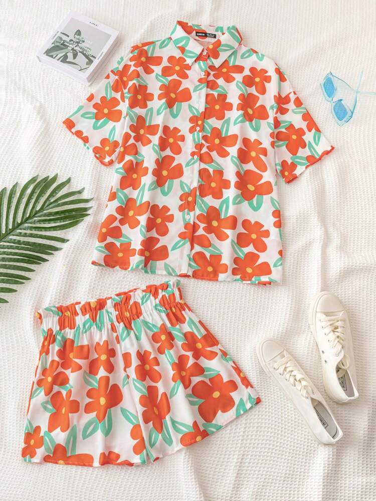 Soleia Flower Print Short Sleeve Shirt And Shorts Vacation Style Set - Multicolor - View 1