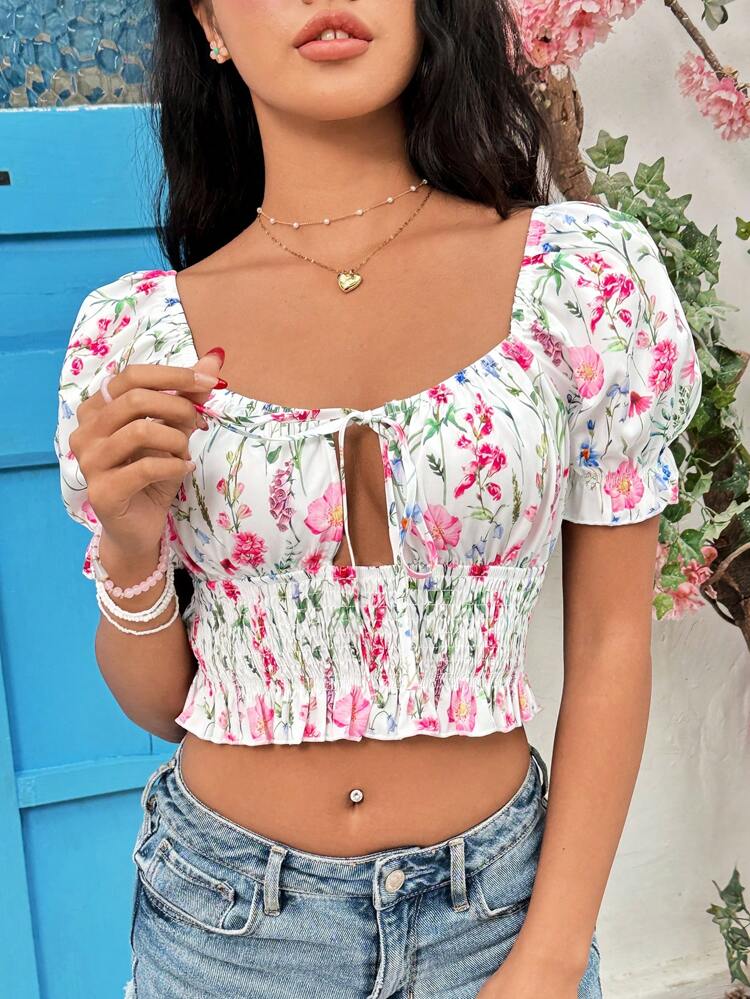Women's Floral Printed Puff Sleeve Cropped Shirt