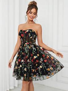 SHEIN Belle Elegant Women's Black Multi-Color Strap Top See-Through Romantic Mesh Embroidery 3D Floral A-Pend Fluffy Country Music Festival Easter Summer Vacation Wedding Event Bachelor Party Date Graduation Party Date Cocktail Party Dress Prom Semi Formal Wedding Guest Dress, For Birthday, Homecoming - Black - View 6