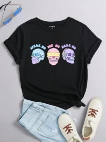 SHEIN EZwear In Đầu lâu Ngắn tay Áo thun - màu đen - Xem 1