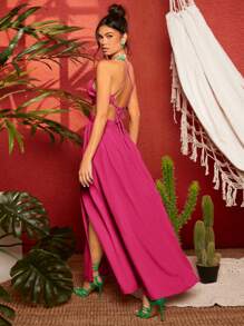 Travachic 女士空心腰高分割吊帶連衣裙 - 玫紅色 - 查看 2