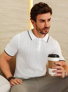 Manfinity Homme Men's Color Block Short Sleeve Polo Collar Knit Top With Decorative Accents - White - View 7