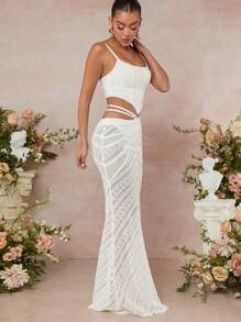 L'Amorae Lace Crop Top & Mermaid Hem Skirt Two Pieces Set - White - View 4