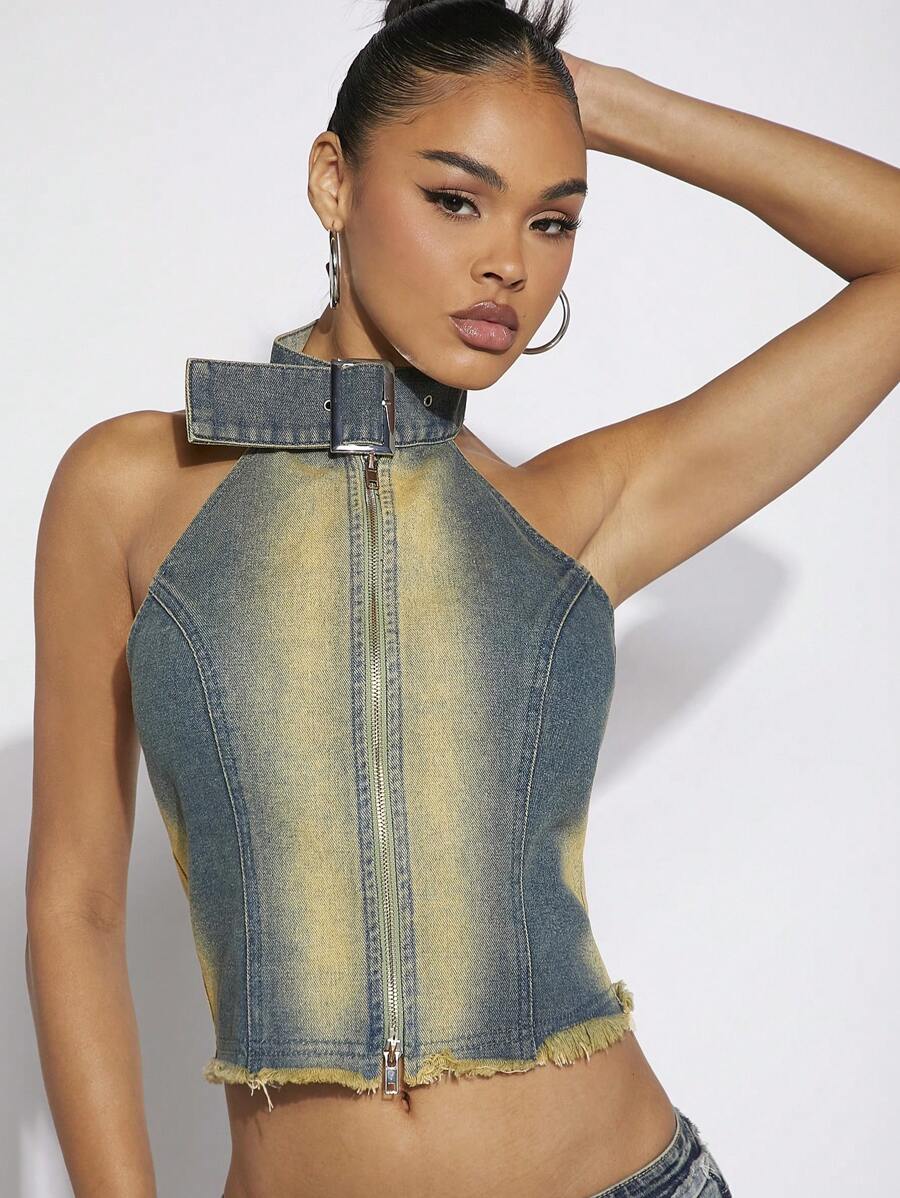 SHEIN Unity Washed Denim Sleeveless Jacket With Zipper Closure And Frayed Hem - Medium Wash - View 1