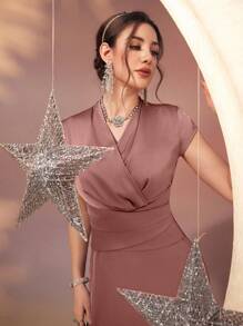 Modelyn 女式v領阿拉伯風格褶皺長裙 - 粉色 - 查看 5