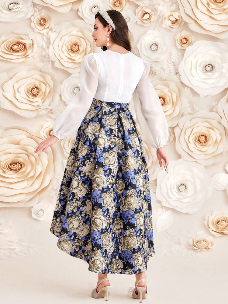 女性用 花柄ジャカード パッチワーク ランタンスリーブ ドレス、エレガントな晩餐会ドレス ロング イブニングドレス