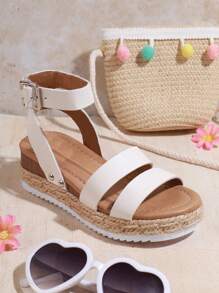 Mini mi White Essential Girls' Summer Platform Espadrille Sandals – Elegant, Classic, And Comfortable With Adjustable Ankle Strap And Triple-Row Strap Design - White - View 2