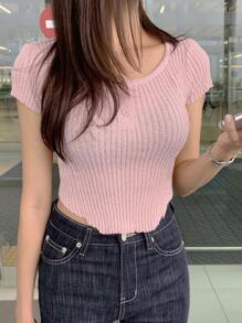 DAZY 女款短袖圓領羅紋針織上衣 - 粉色 - 查看 2