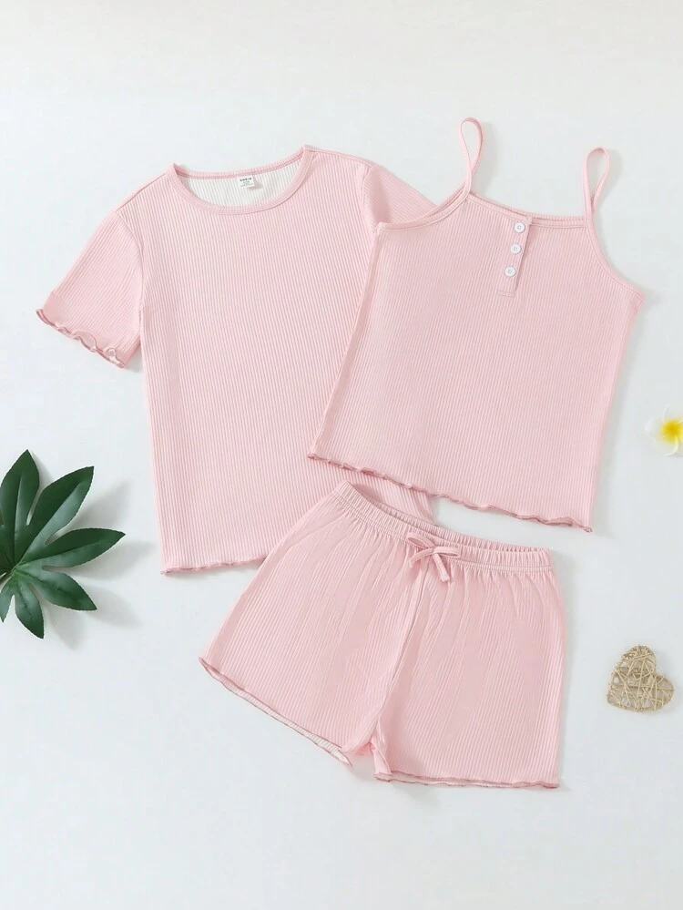 Tween Girls' Spring New Simple Pink Shorts And Round Neck Short-Sleeved Top And Camisole Pajama Set