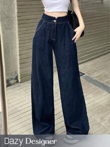 Dazy Designer 女式褶皱阔腿牛仔裤，返校服装 - 藍色 - 查看 1