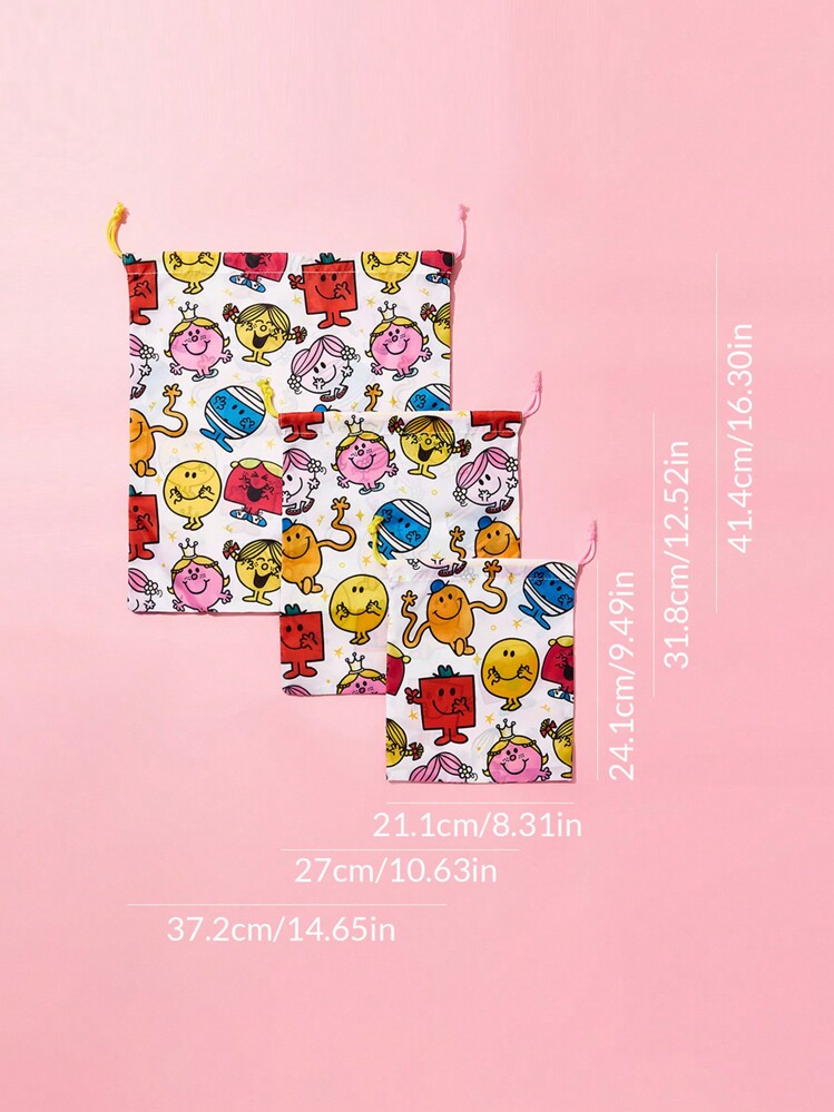 Mr Men Little Miss X SHEIN Cartoon Printed Drawstring Storage Bag, For Travel - Multicolor - View 4