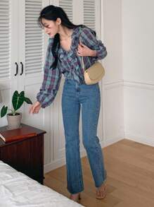 DAZY 女式格纹长袖衬衫，荷叶边领口，秋季格子服装