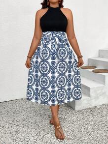 Breezaya 拼接印花無袖束腰裙