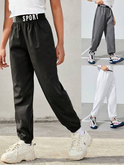 SHEIN 3pcs/Set Loose Fit Tween Boys' Sports Weave Letter Print Elastic Cuff Jogger Pants Outfit