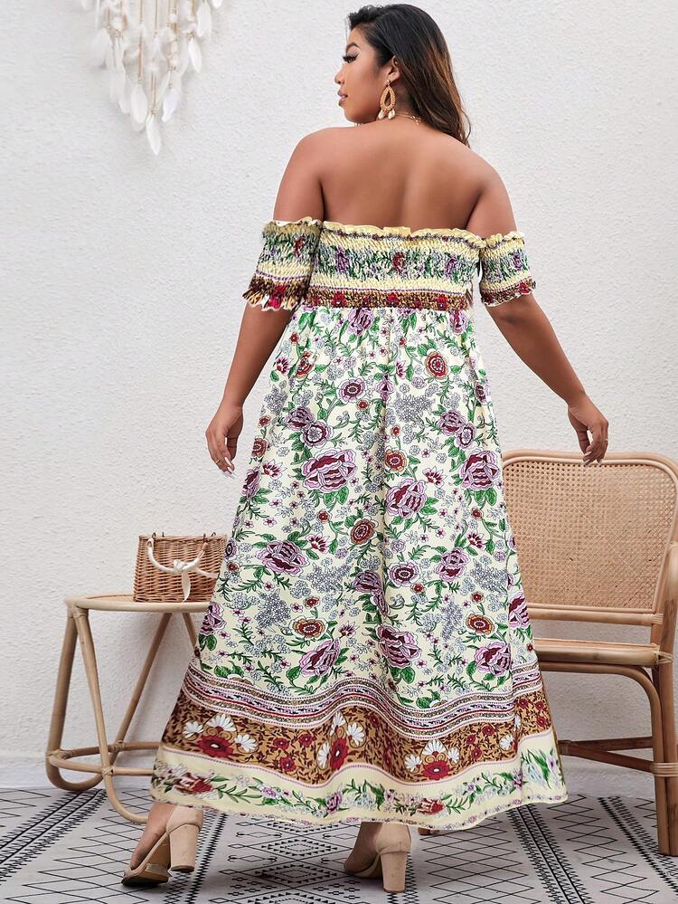 Plus Size Women's Floral Print Off Shoulder Short Sleeve Shirred Dress