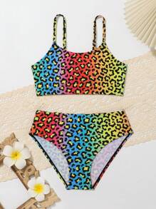Tween Girl Leopard Print Ombre Bikini Set, Bathing Suit Beach Outfit Summer Vacation Summer Beach - Multicolor - View 1
