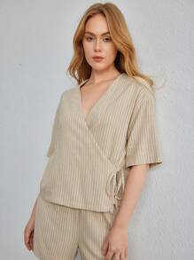 Ocili Leisure Striped Wrap Tie Detail Lounge Top - Khaki - View 3