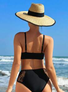 SHEIN Swim Contrast Patchwork Halter Neck Bikini Set, Two Pieces Bikini Swimwear Summer