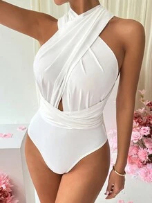 SHEIN Privé Hollow Out Cross Strap Bodysuit - White - View 5