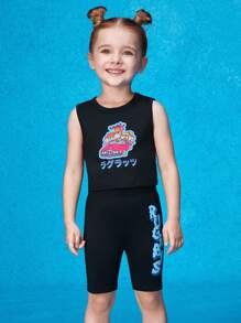 Nick 90s | SHEIN Conjunto De Top Sin Mangas Y Leggings Para Niña Con Estampado De Personaje De Caricatura De Coche - Negro - Ver 3