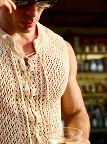 Manfinity RSRT Chaleco de crochet tejido informal para hombres con correas entrecruzadas y detalles de calado - Albaricoque - Ver 7