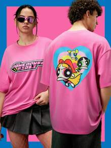 THE POWERPUFF GIRLS X SHEIN 中性款1件卡通圖形下垂肩t恤 - 粉色 - 查看 1