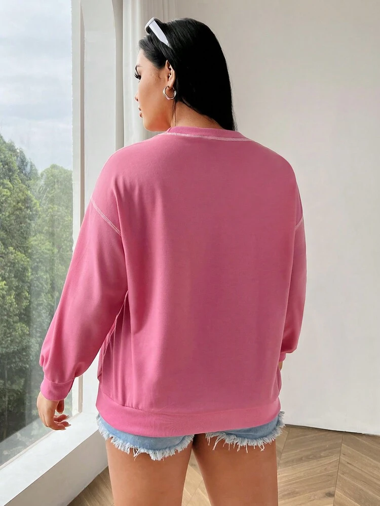 Women's Plus Size Drop Shoulder Long Sleeve Sweatshirt With Slogan Print Pullover Fall