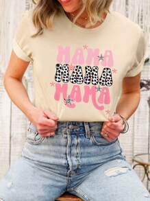 SHEIN LUNE Women's Letter Print Round Neck Short Sleeve T-Shirt - Apricot - View 1