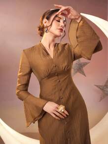 Modelyn Damen Arabisch inspiriertes langes Abendkleid mit Knopfverzierung und weiten Glockenärmeln, Lange Abendkleider - Braun - Übersicht 1