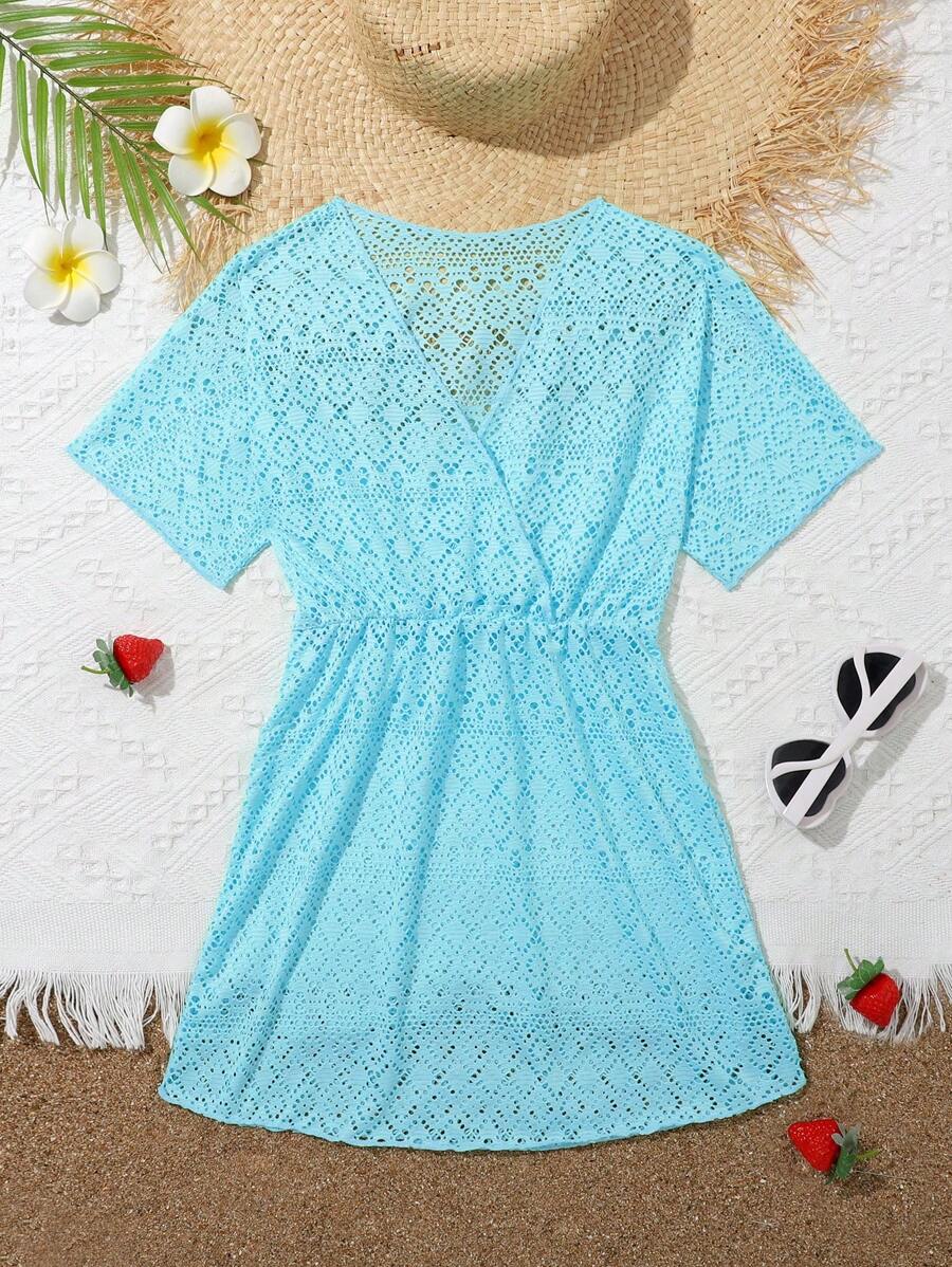 Tween Girls' Hollow Out Embroidered V-Neck Belted Cover Up Dress - Teal Blue - View 1