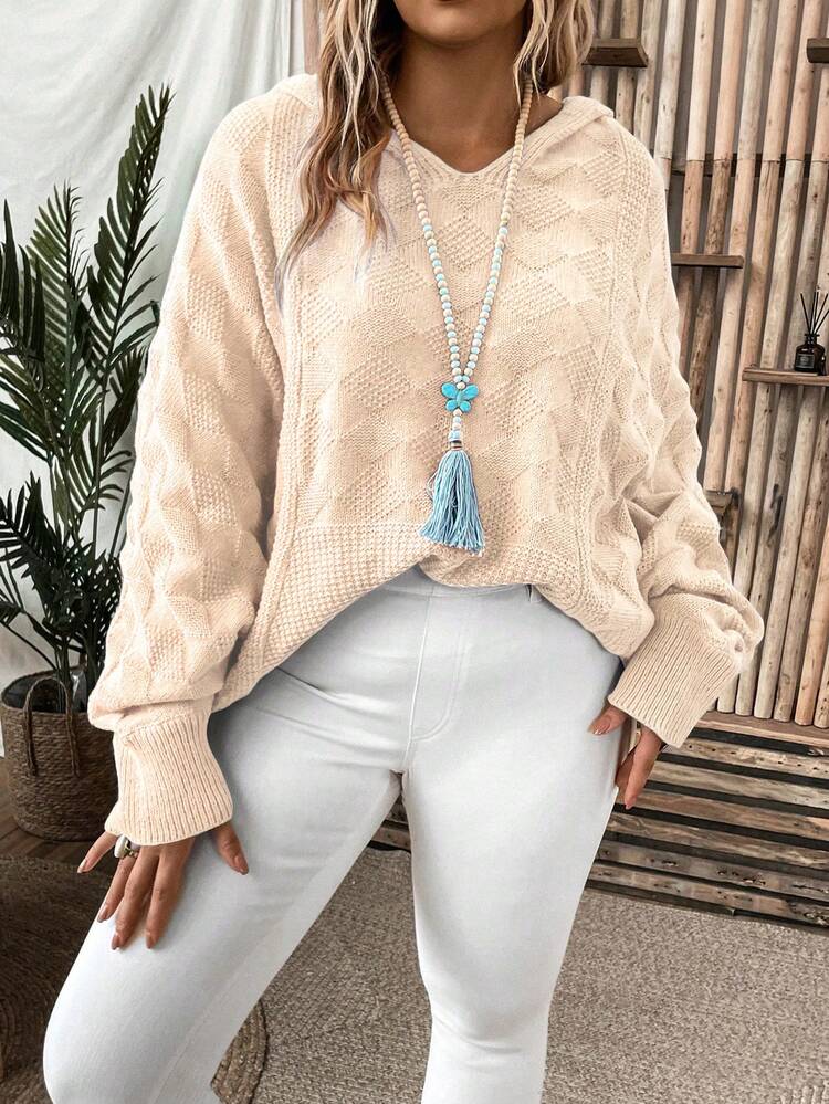Plus Size Solid Color Batwing Sleeve Hooded Sweater Knit Pullover Fall Winter