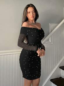 Firerie Off Shoulder Ruffle & Trân châu & Kết cườm Váy bodycon - màu đen - Xem 6