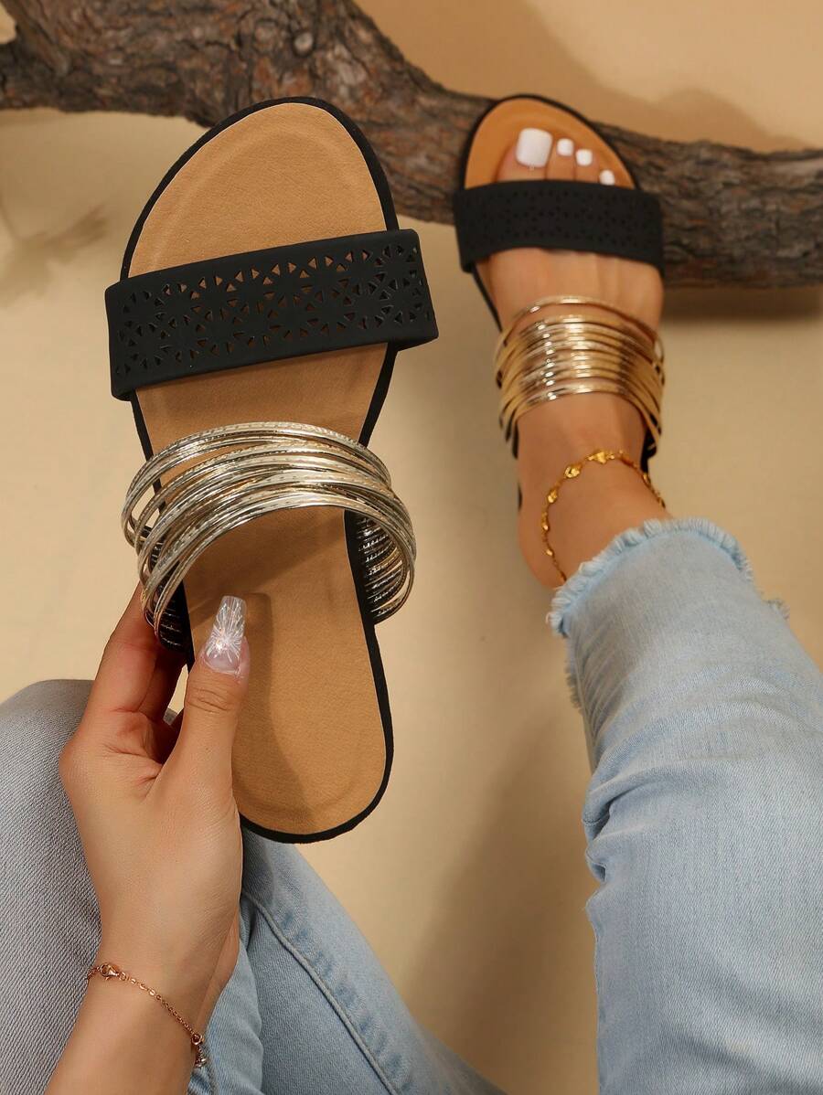 New Women's Flat Roman Slide Sandals With Gold Straps, Khaki Color, One-Strap Style (Size Runs One Size Large)
