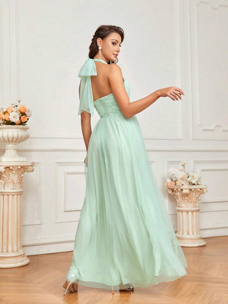 Women's Elegant Mint Green Spring Brides Maid Prom Wedding Dress,Lace Mesh Halter Neck Ribbon Bow Detachable Multi-Wear Flowing Hem Garment