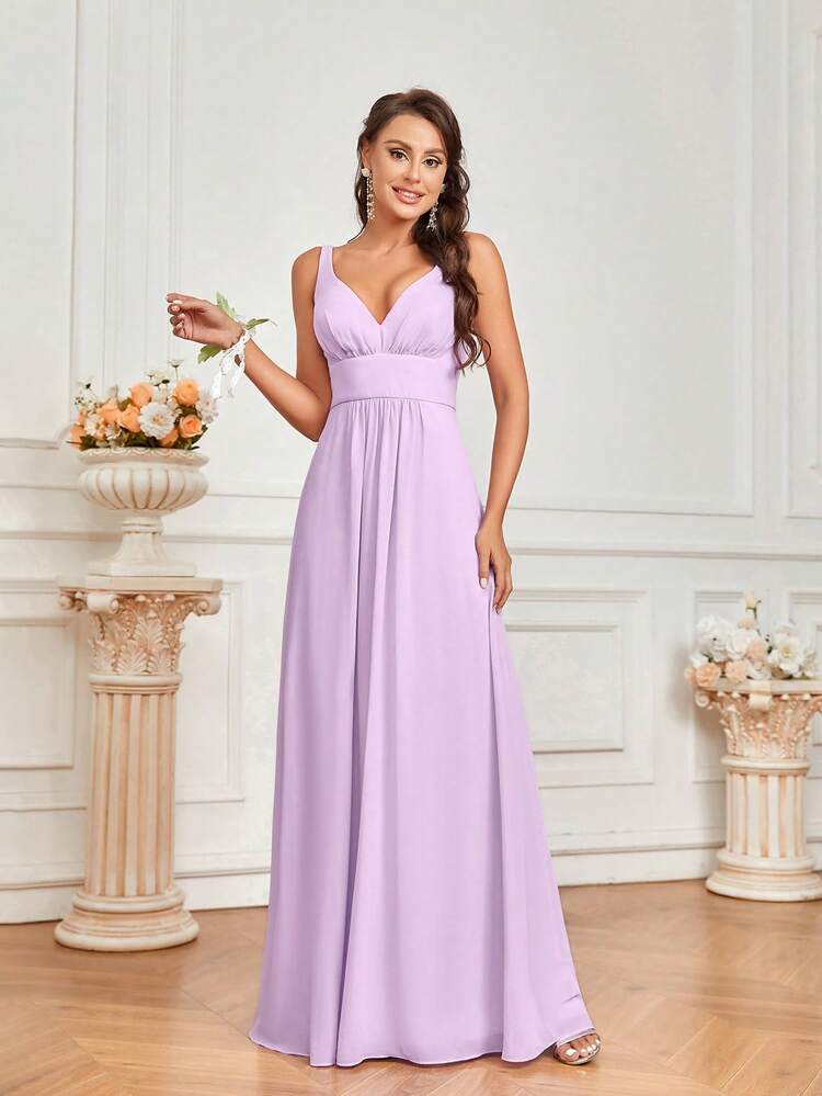 Elegant Romantic Pink Purple Light Orchid Color With Flowy Sling Dress V-Neck Ruched Bodice And Crisscross Back Straps A Pendulum Suitable For Wedding Season, Music Festival, Mother's Day, Graduation Season Party Bridesmaid Dress