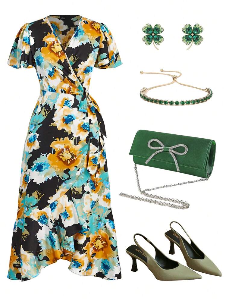 Women'S Floral Printed Ruffle Hem Dress