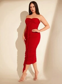 SHEIN BAE Strapless Ruffled Bodycon Midi Dress With Pleats And Front Draping Detail For Women - Red - View 4