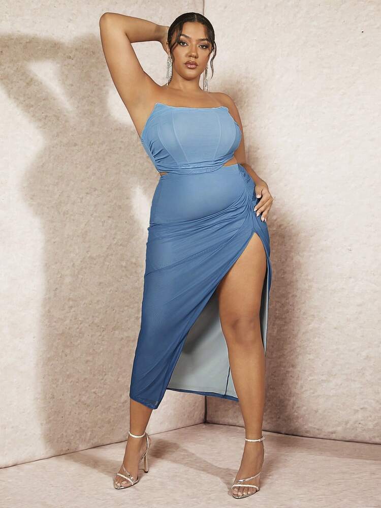 Plus Size Women's Gradient Print Ruffle Short Bustier Top And Gradient Print Drawstring Split Thigh Skirt Set