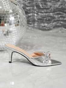 Giày sandal cao gót mũi nhọn gợi cảm dành cho nữ, giày bít mũi màu bạc ánh kim lấp lánh, giày cưới kiểu mule xỏ chân cho mùa hè, giày cao gót gót nhọn. - Bạc - Xem 3