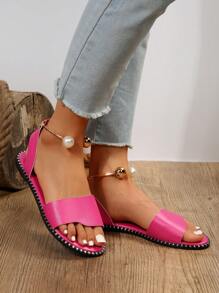 全新夏季纯色休闲时尚金属仿珍珠扣装饰平底凉鞋 女式情人节款 - 玫紅色 - 查看 5