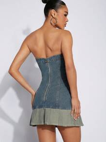 Denimoi Robe En Denim Sans Bretelles À Blocs De Couleurs Avec Ourlet Plissé - Jean brut - Voir 2