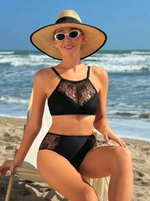 SHEIN Swim Contrast Patchwork Halter Neck Bikini Set, Two Pieces Bikini Swimwear Summer