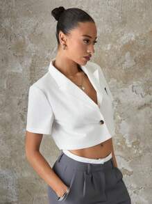 SHEIN EZwear Plaid Pattern Detail Cropped Blazer Jacket - White - View 6