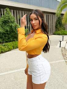 SHEIN SXY 短版綁帶前扣性感長袖襯衫 - 黃色 - 查看 3