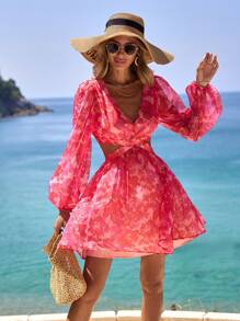 Vivid Eden Spring Summer Vacation Long Sleeve V-Neck Floral Printed Dress With Hollow Out Waistline - Red - View 5