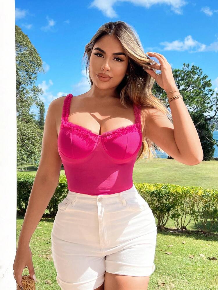 Summer Holiday Sexy Mesh Ruffle & Lace Trimmed Bustier Shaped Camisole Top