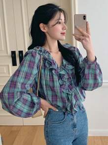 DAZY 女式格纹长袖衬衫，荷叶边领口，秋季格子服装