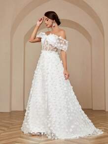 SHEIN Belle Women's Elegant Romantic Wedding Dress With Applique Bowknot Three-Dimensional Flower Color Block Design Puffy Dress And Off Shoulder