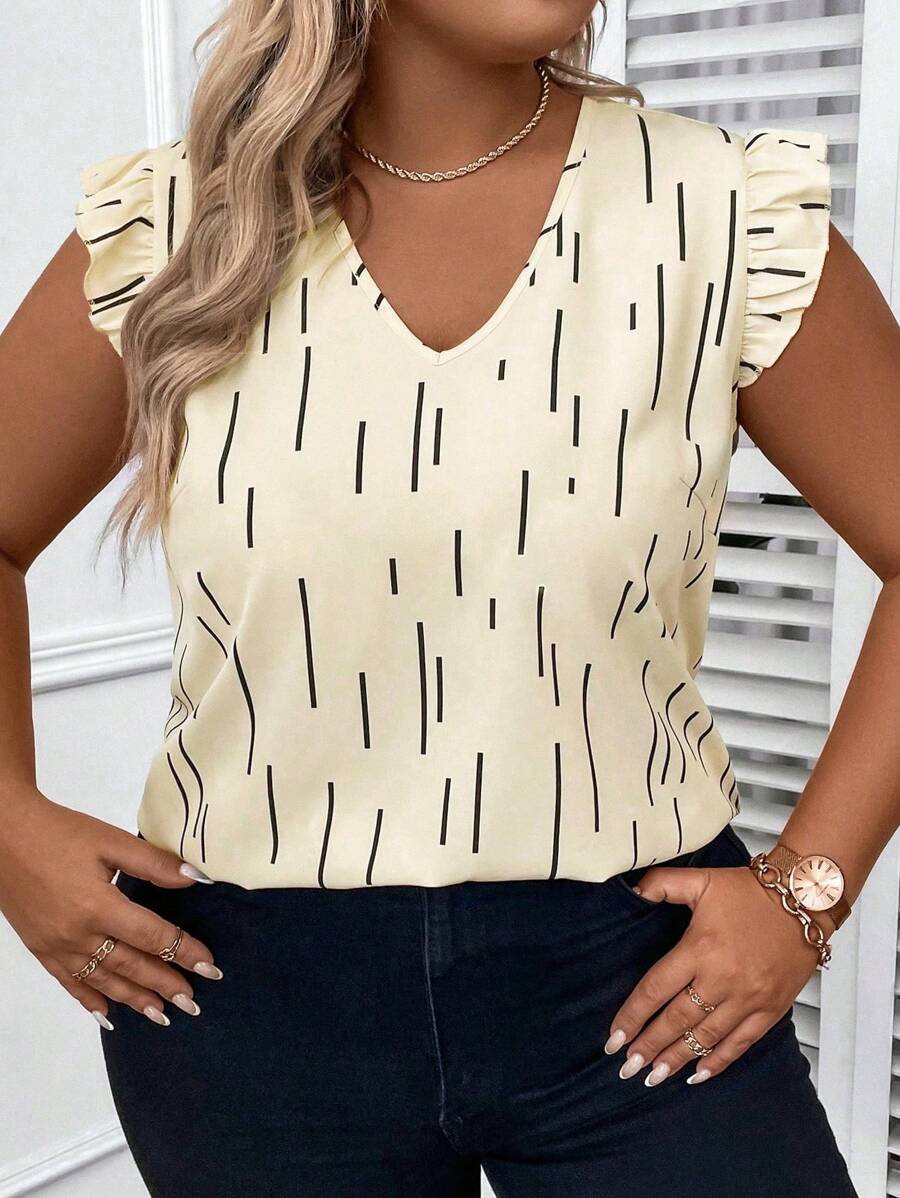 SHEIN LUNE Plus Striped Print Ruffle Trim Blouse For Summer - Apricot - View 1