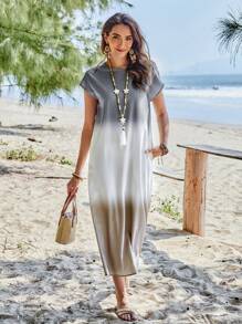 Sylviya Gradient Loose Fit Batwing Sleeve Dress With Round Neckline,Vacation - Multicolor - View 4